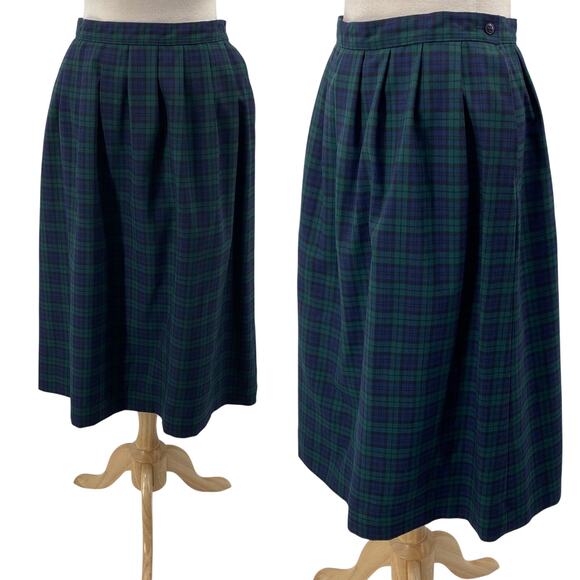 Vintage 70s Pendleton Midi Skirt Virgin Wool Plaid Tartan Green Navy Womens 8 - Picture 1 of 9